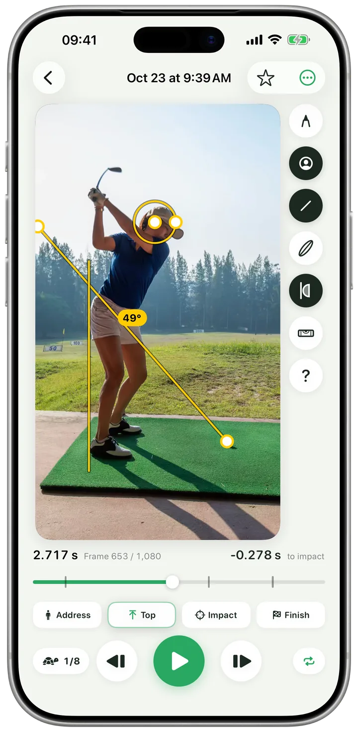 SwingCam player with shaft line, tush line and head circle on a golfer
