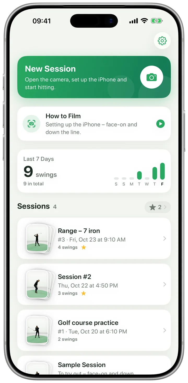 Home screen with sessions and stats
